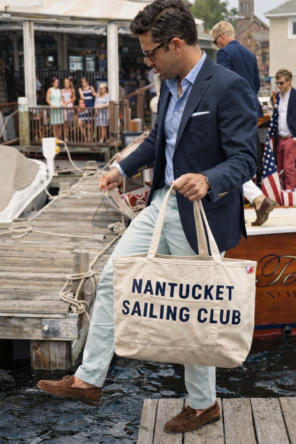 Nantucket Sailing Club hand-painted large rope tote