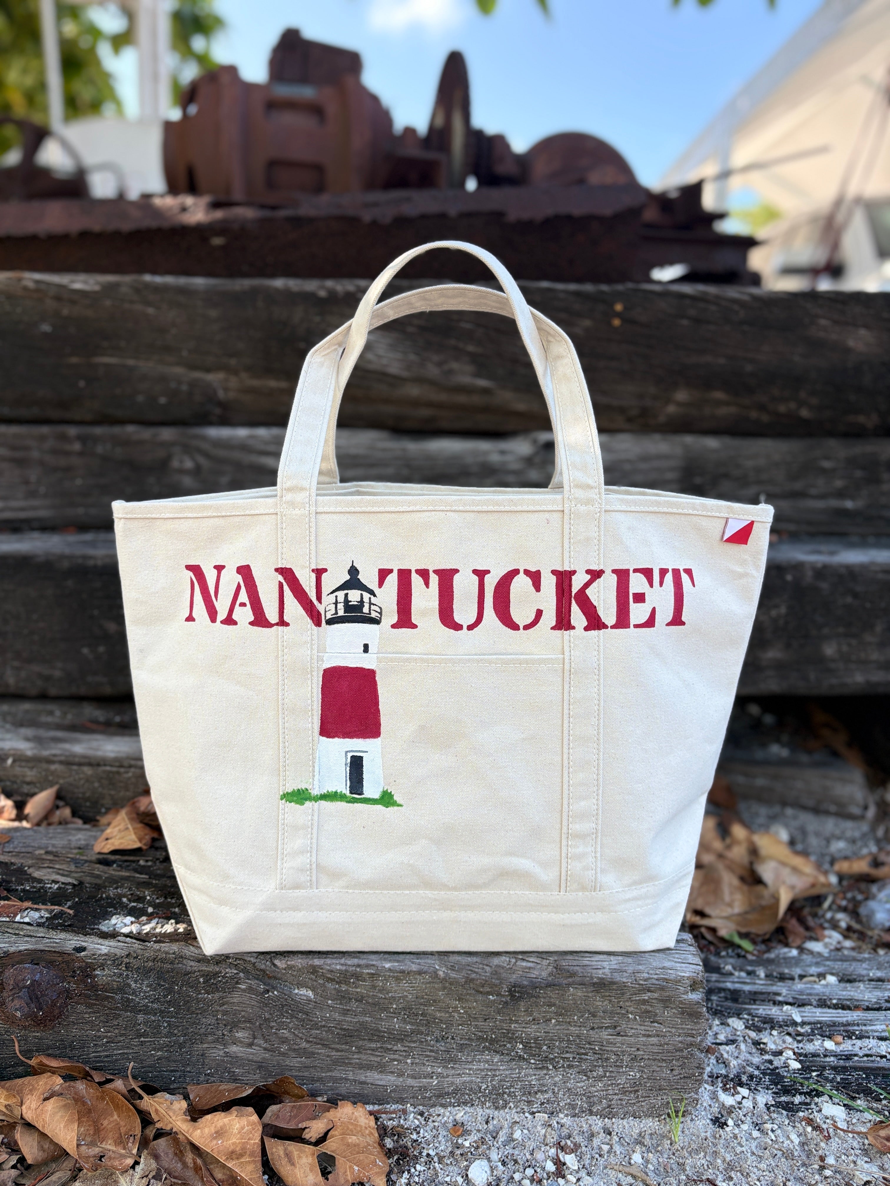 Nantucket Brant Point Lighthouse Large Tote Bag Hand-Painted Erica Wilson x LBS Designs Canvas Boat Bag | Limited Edition Summer 2026