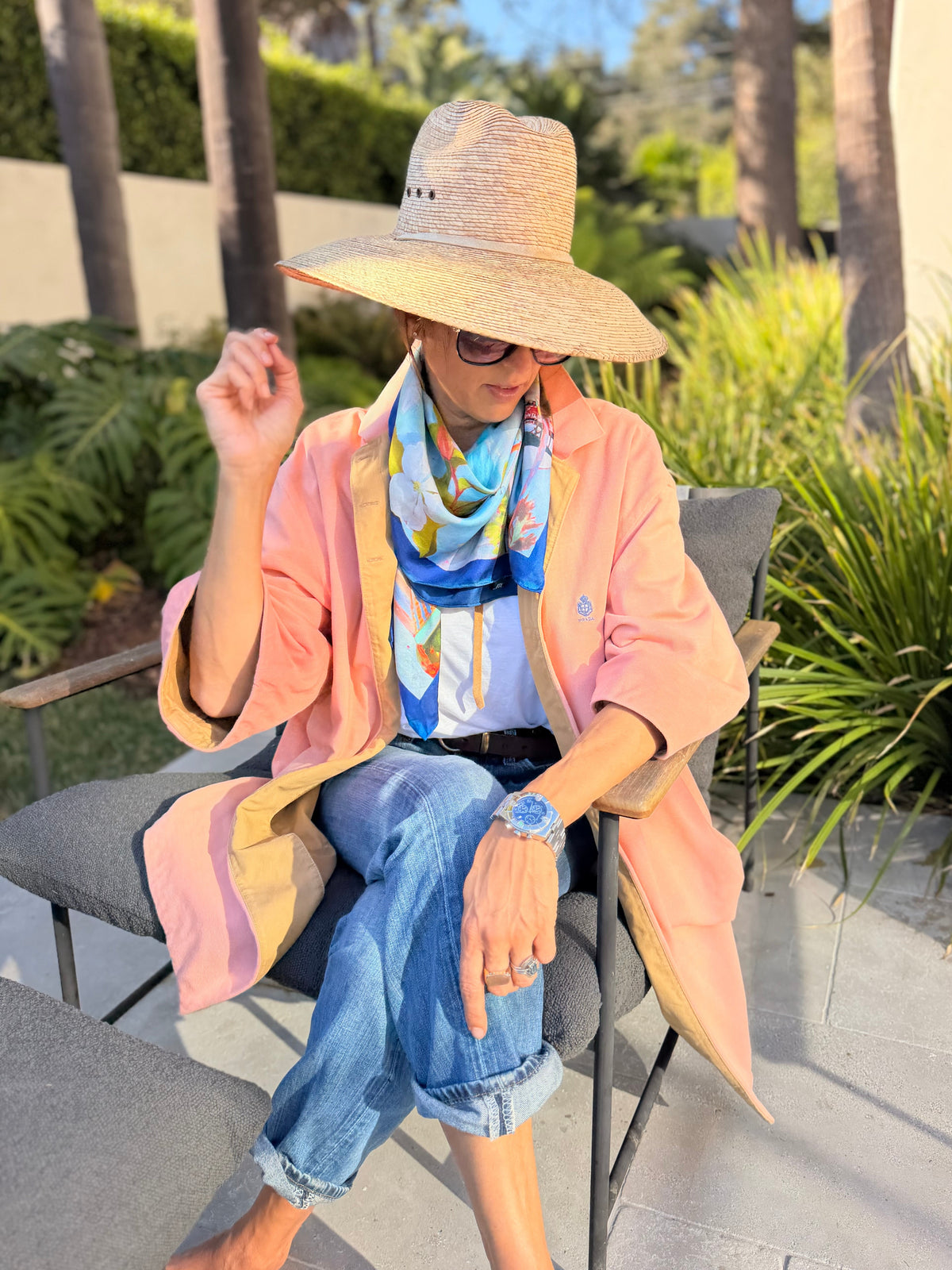 Artist-designed silk scarf editorial photograph