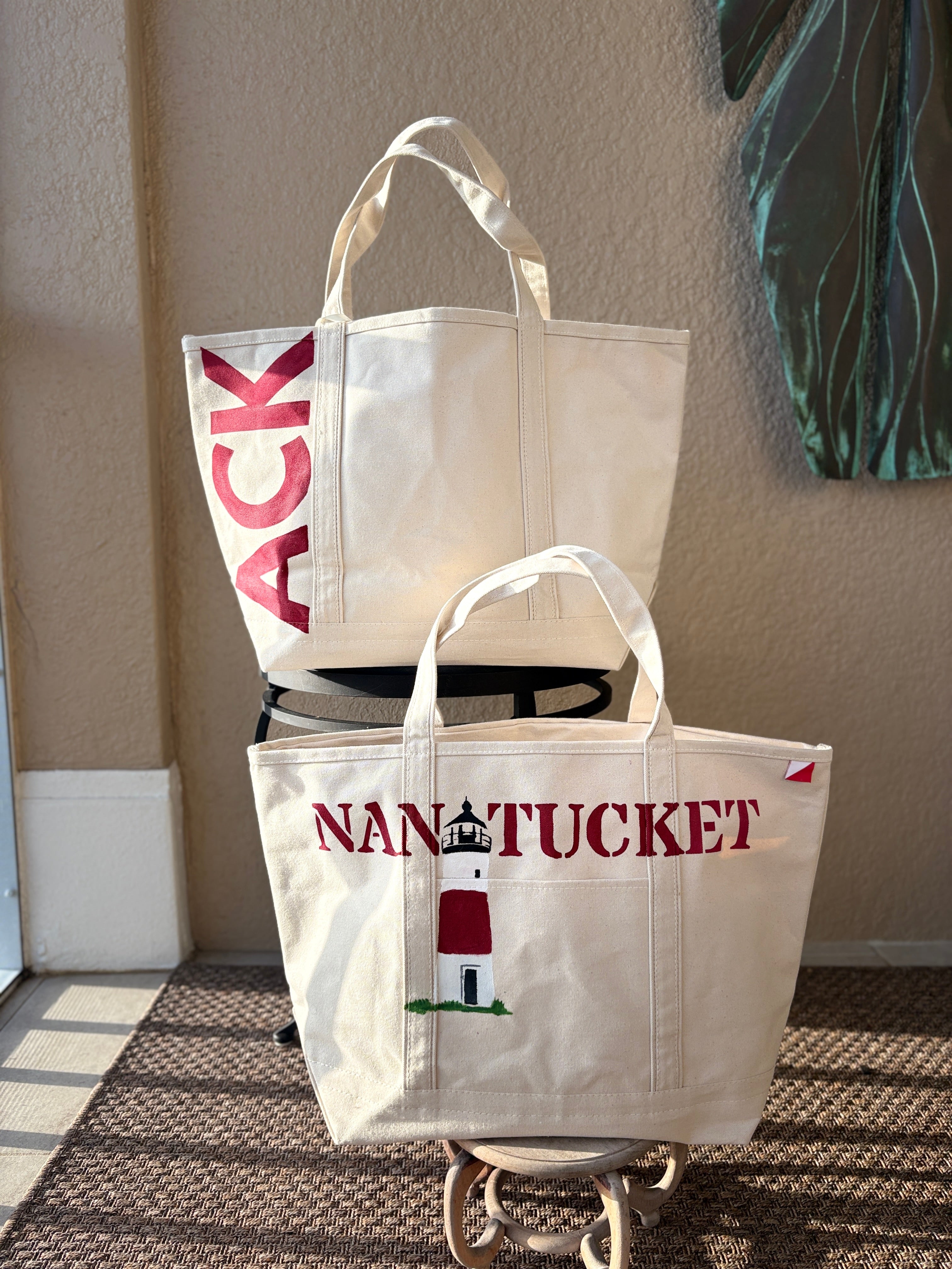 Nantucket Brant Point Lighthouse Large Tote Bag Hand-Painted Erica Wilson x LBS Designs Canvas Boat Bag | Limited Edition Summer 2026