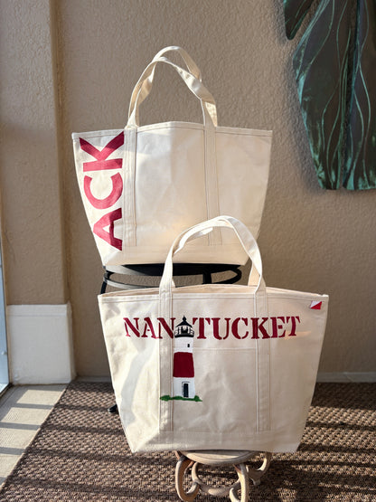 Nantucket Brant Point Lighthouse Large Tote Bag Hand-Painted Erica Wilson x LBS Designs Canvas Boat Bag | Limited Edition Summer 2026