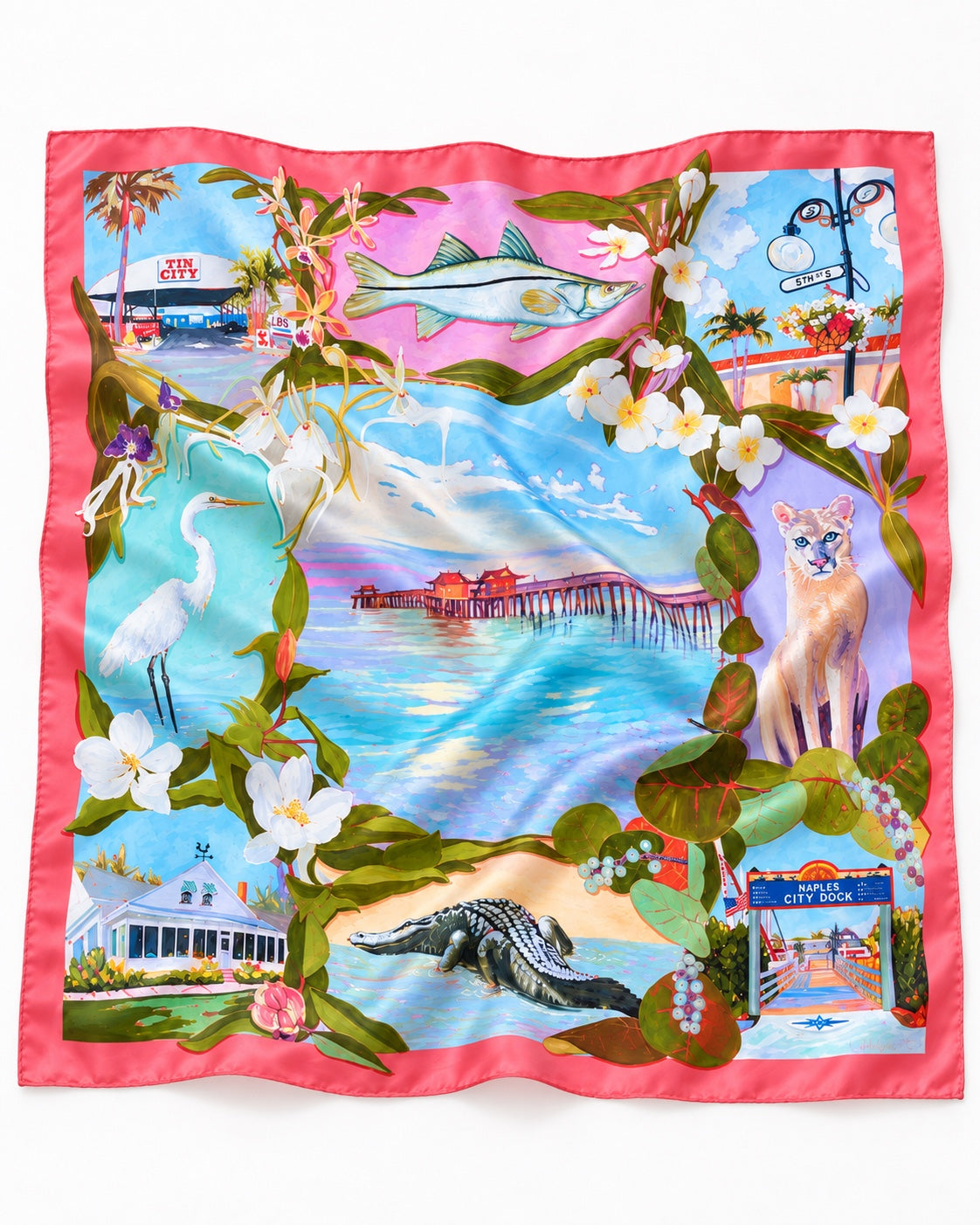Naples Conch Pink silk scarf, full design flatlay