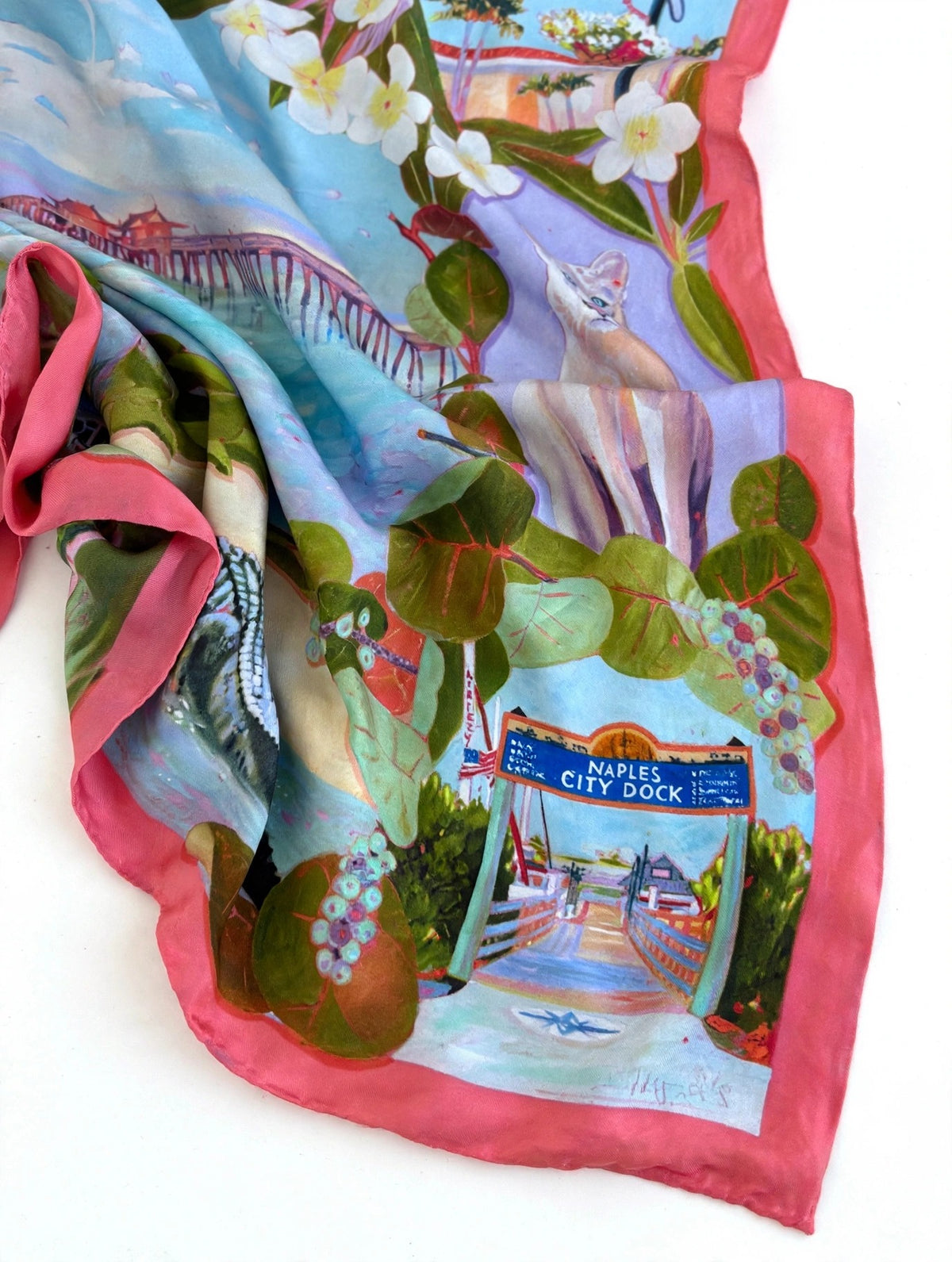 Naples Coral scarf, ruffled corner detail