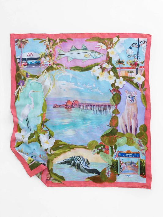 Naples Coral scarf, softly ruffled on white