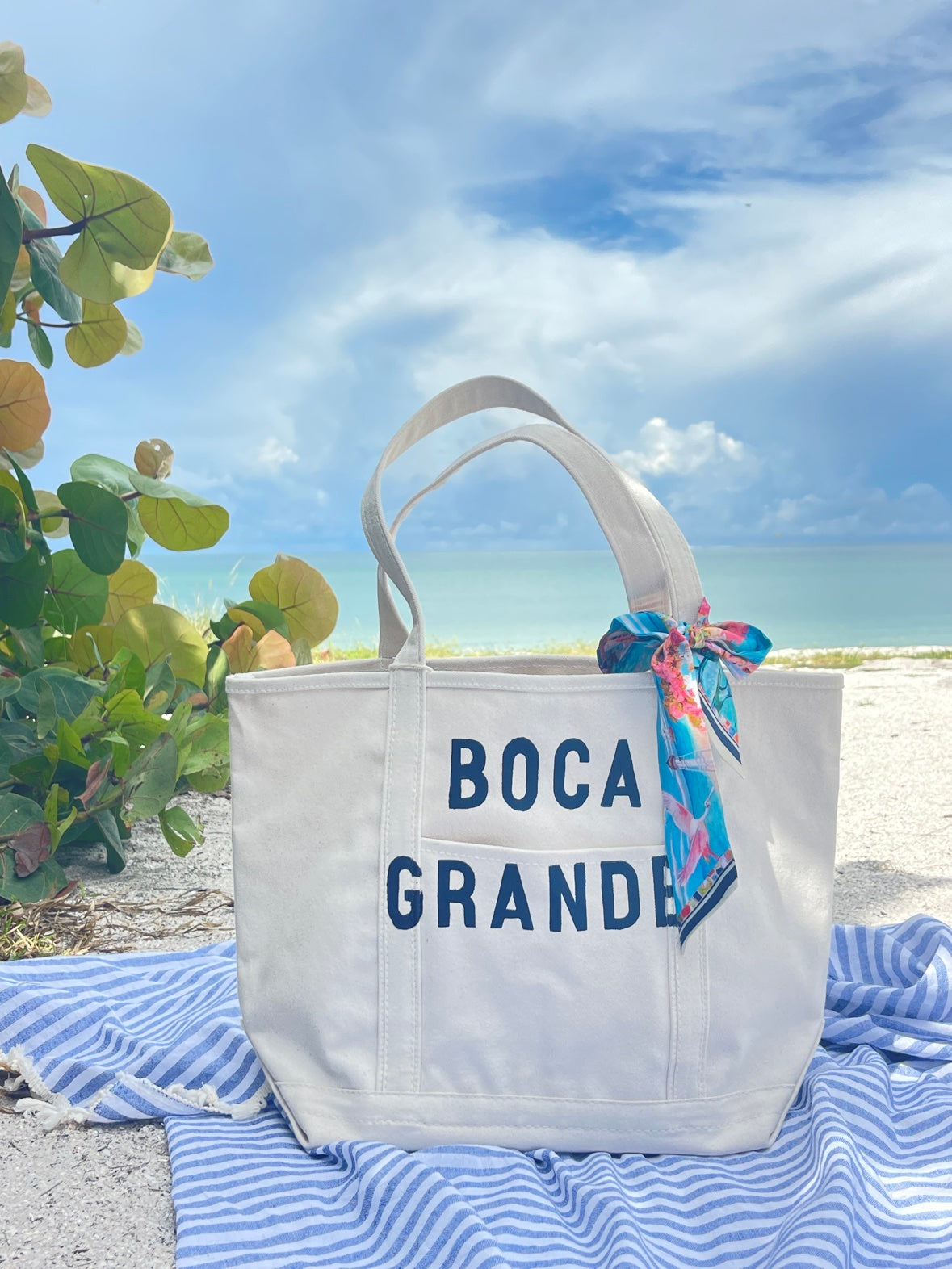 Boca Grande Twilly tied on tote handle at the beach